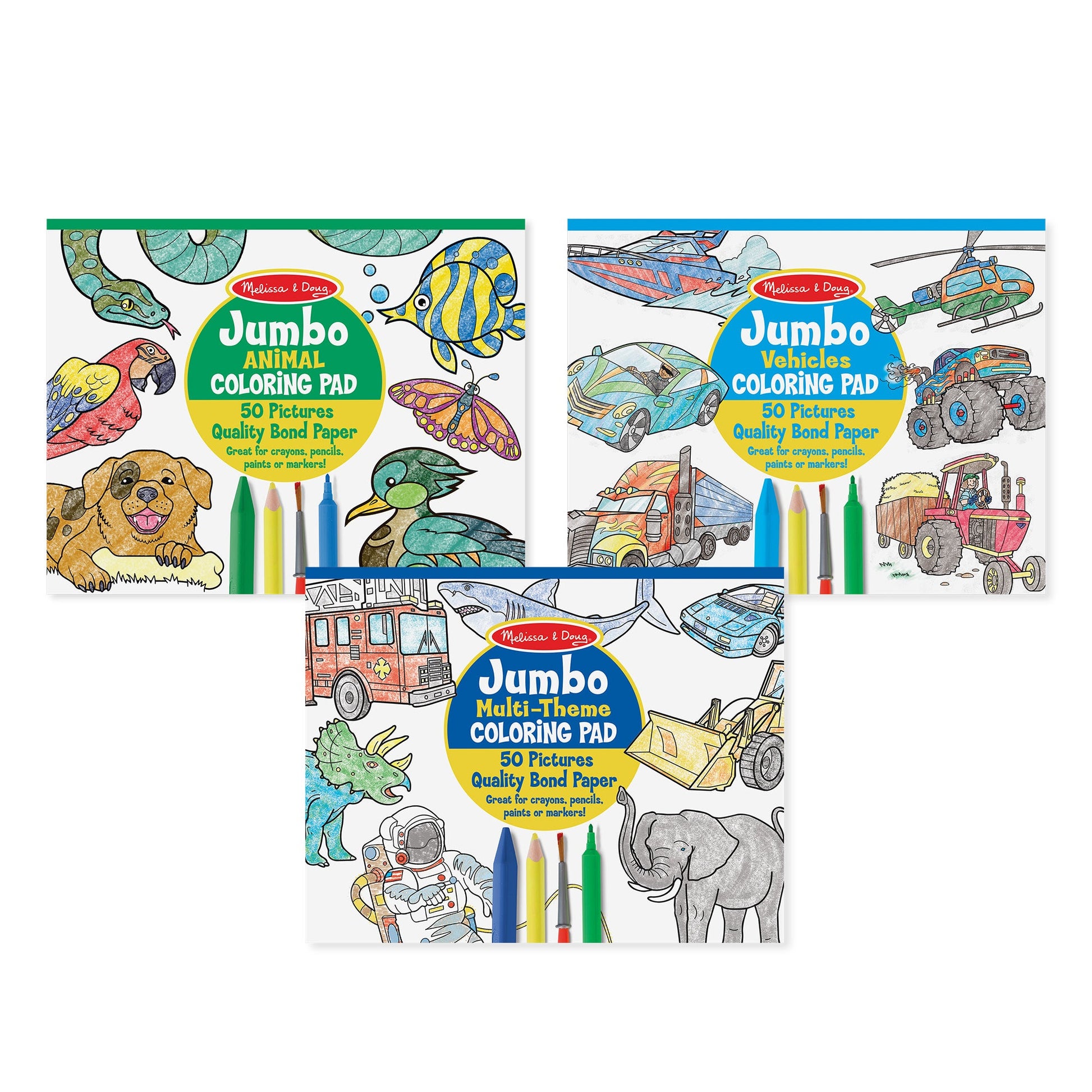 Coloring Pad 3-Pack: Animals, Vehicles, Multi-Theme